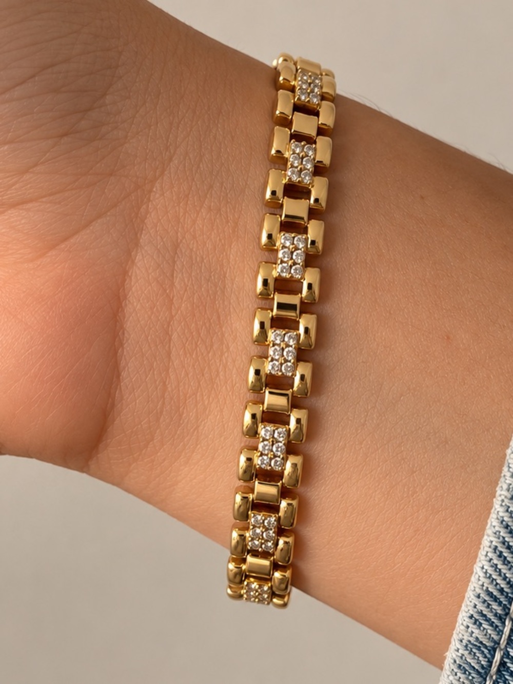 14K Gold Plated Real Zircon Watch Band Link Bracelet Statement Gold Jewelry